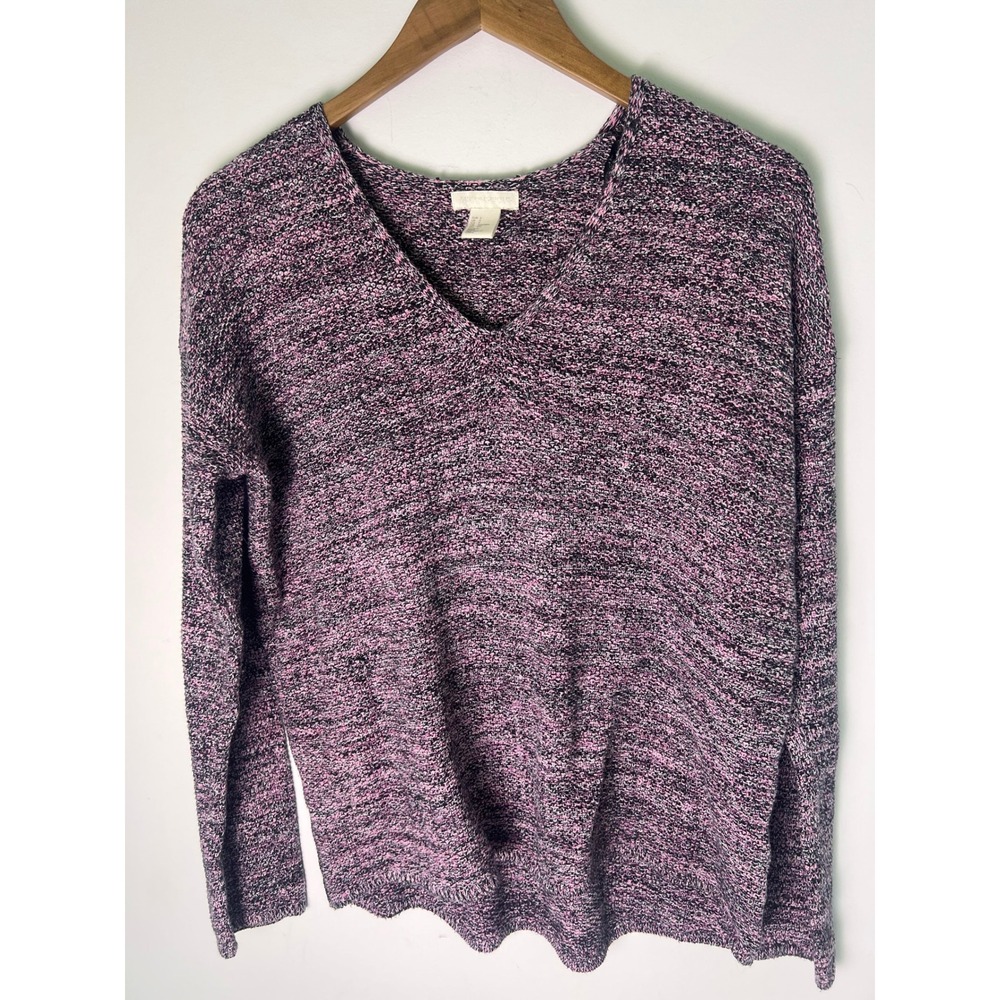 H&M Conscious S V-Neck Sweater Marled Pink Black White Knit Long Sleeve Top Cozy